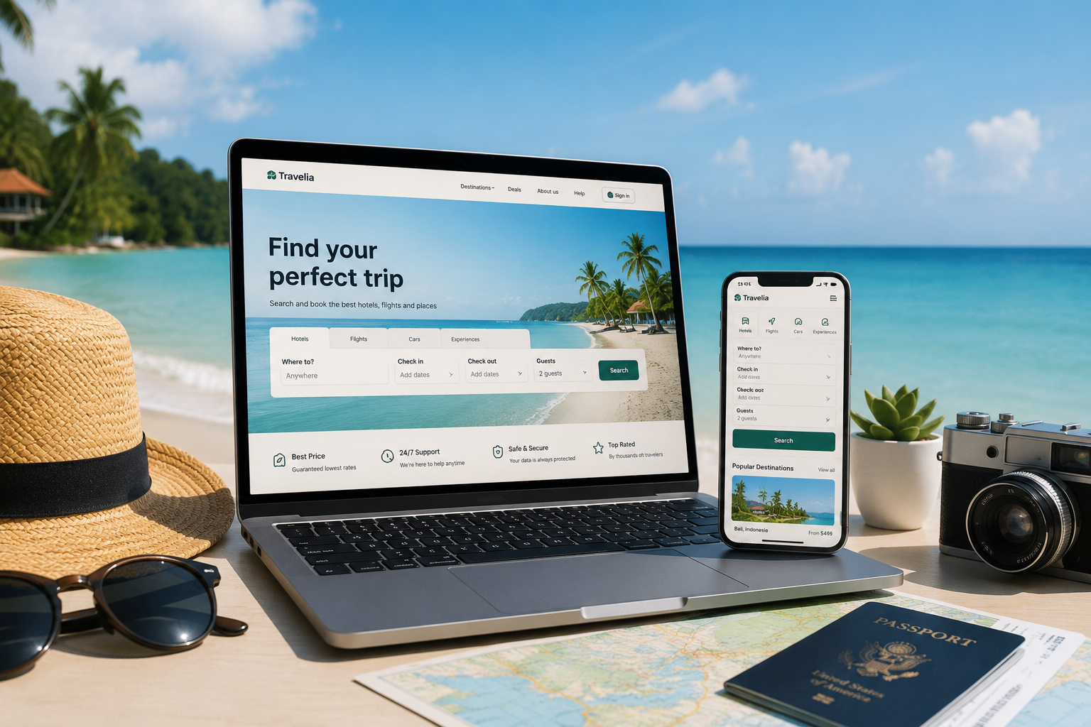 Travelia navigation and hero headline