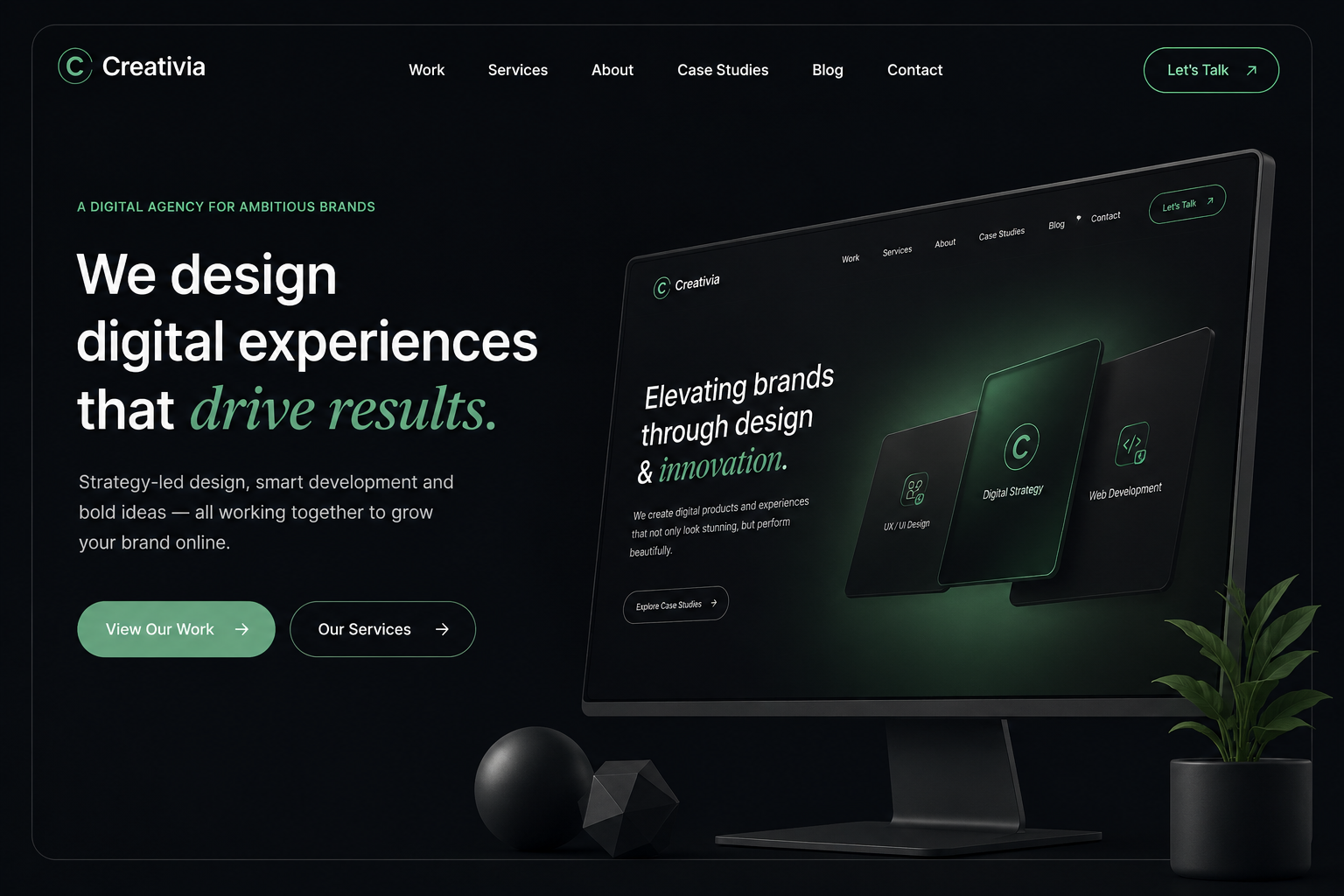 Creativia agency homepage with 3D neon hero and service cards
