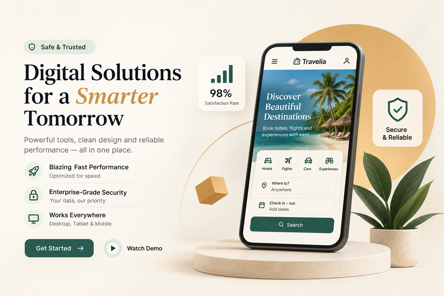 Creativia navigation and 3D hero close-up