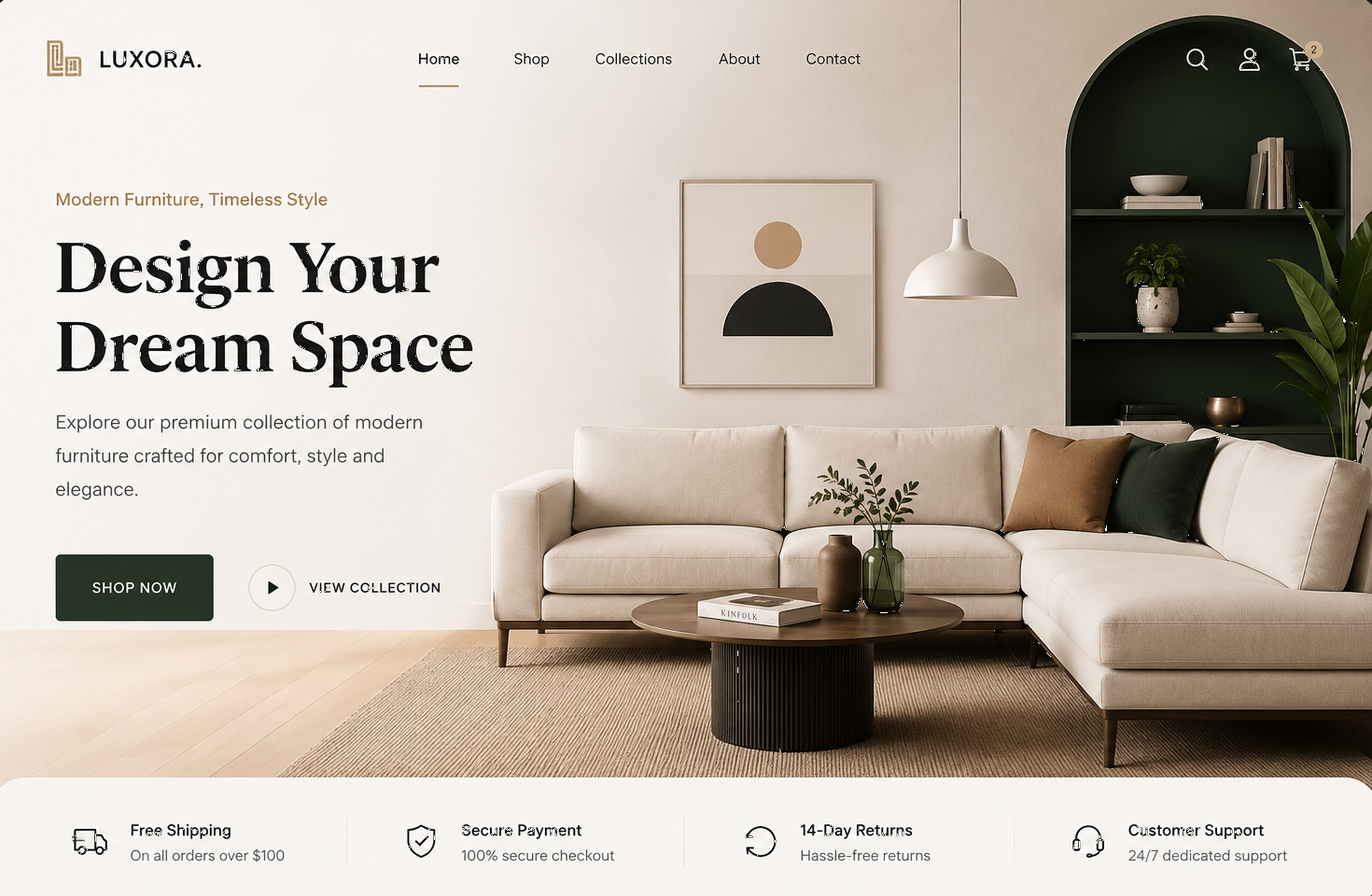 Luxora furniture website hero section with sofa and living room styling