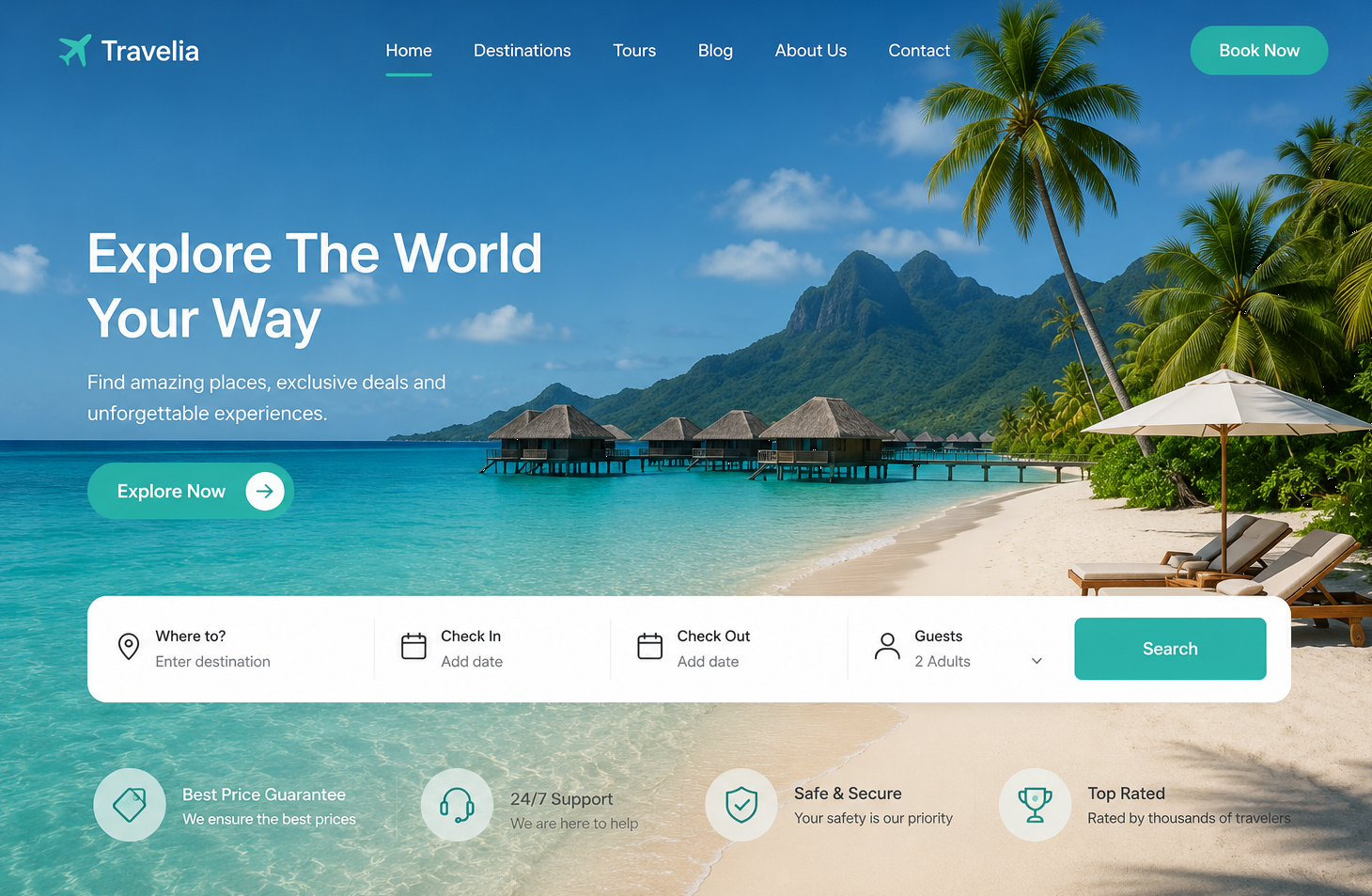 Travelia travel booking homepage with beach hero and search widget
